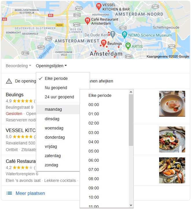 Openingstijden van restaurants in de 3-pack op Google