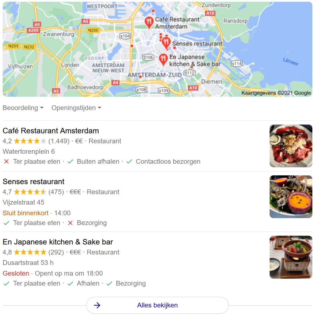 Voorbeeld van Amsterdamse restaurants in de 3-pack uit Google Mijn Bedrijf